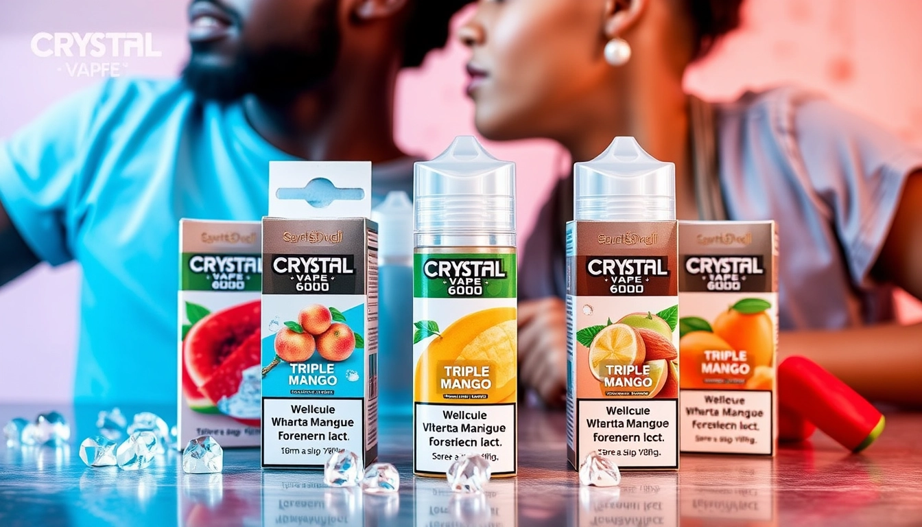 Crystal Vape 6000 Puffs package featuring various flavors including Watermelon Ice and Strawberry Raspberry